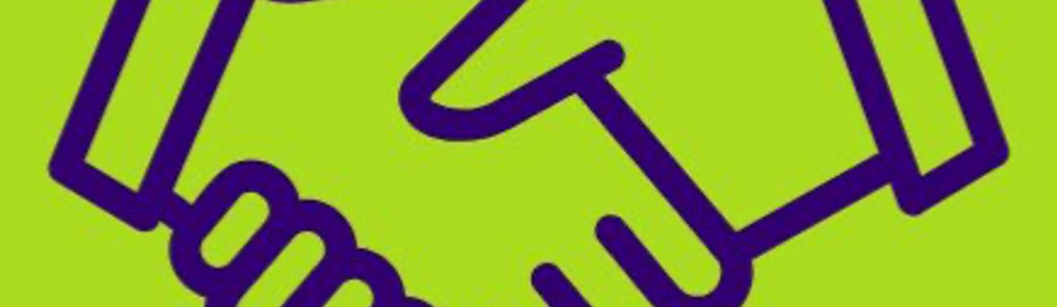 An icon of a two hands shaking against a lime green background.