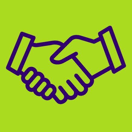 An icon of a two hands shaking against a lime green background.