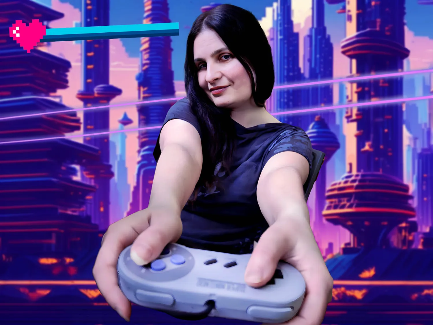 A brunette woman with bobbed hair holds a game controller out to the camera. she stands in front of a video game style backdrop in shades of purple and blue. The implication is that she is inviting the viewer to take on the role of "player" in the world she inhabits.