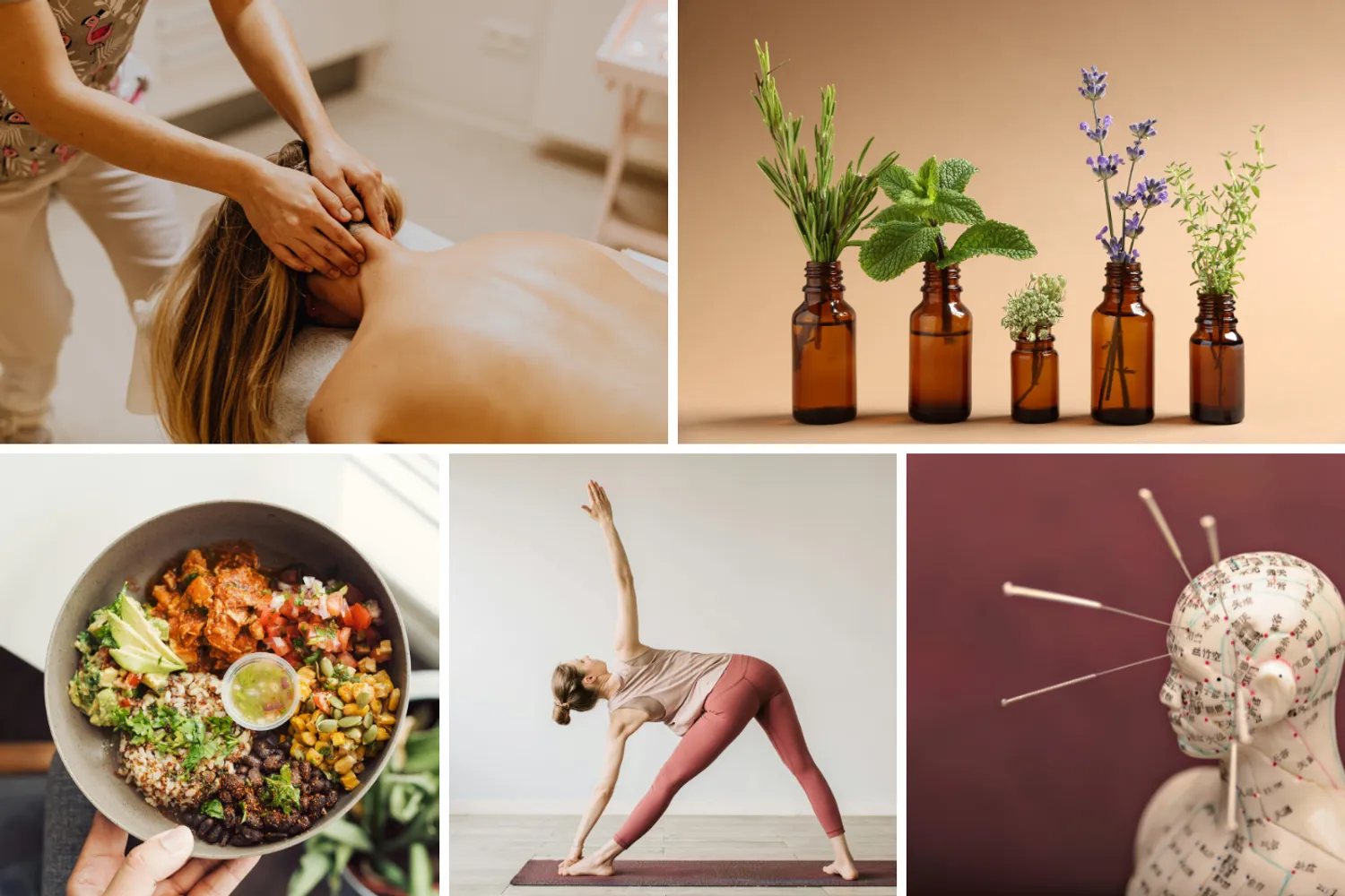 Collage of complementary and integrative health practices, including massage therapy, herbal medicine, healthy eating, yoga, and acupuncture.