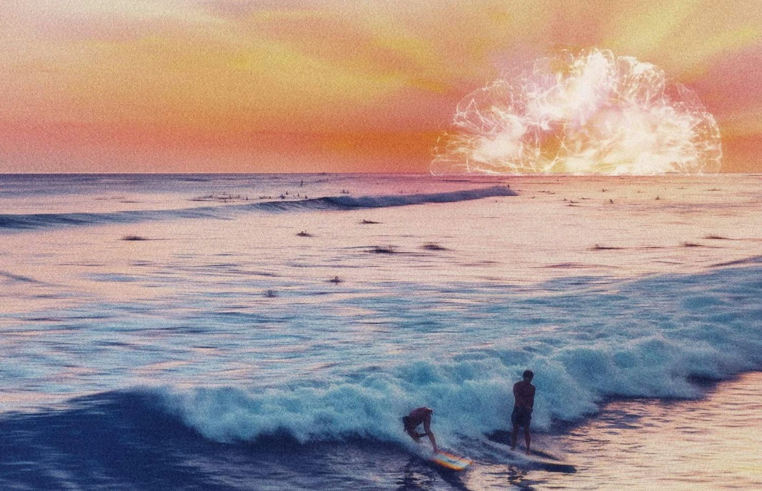 A San Diego sunset over the ocean, with surfers in the foreground and a brain in place of the sun.