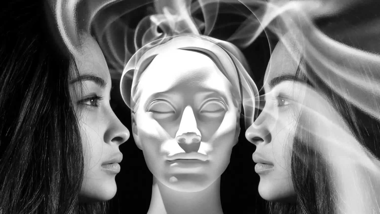 Abstract black-and-white image of two faces in profile surrounding a sculpted face, with swirling light patterns suggesting reflection, perception, or consciousness.