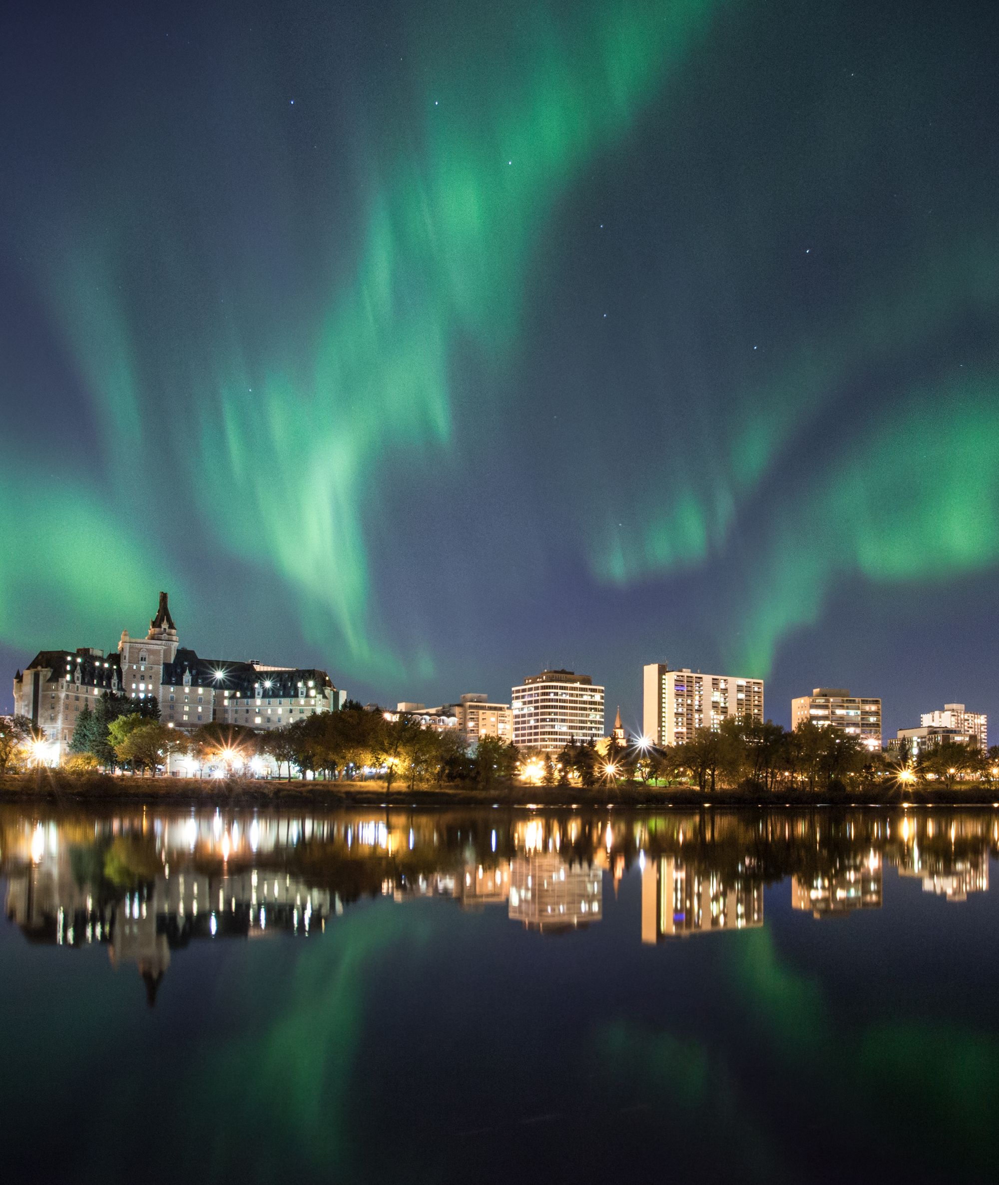Saskatoon River Valley with northern lights