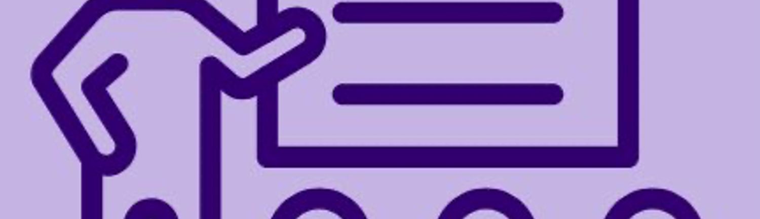 An icon of a presenter facing an audience against a lavender background.
