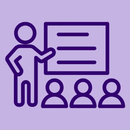 An icon of a presenter facing an audience against a lavender background.