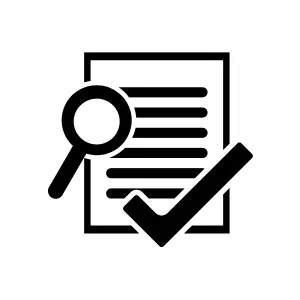 Document with magnifying glass and checkmark representing evidence synthesis, critical appraisal, and systematic reviews.