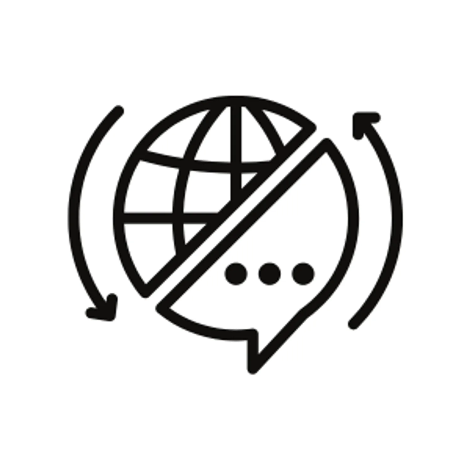 Globe with speech bubbles and arrows representing knowledge translation and global dissemination of research.