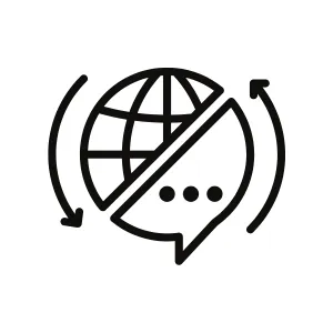 Globe with speech bubbles and arrows representing knowledge translation and global dissemination of research.