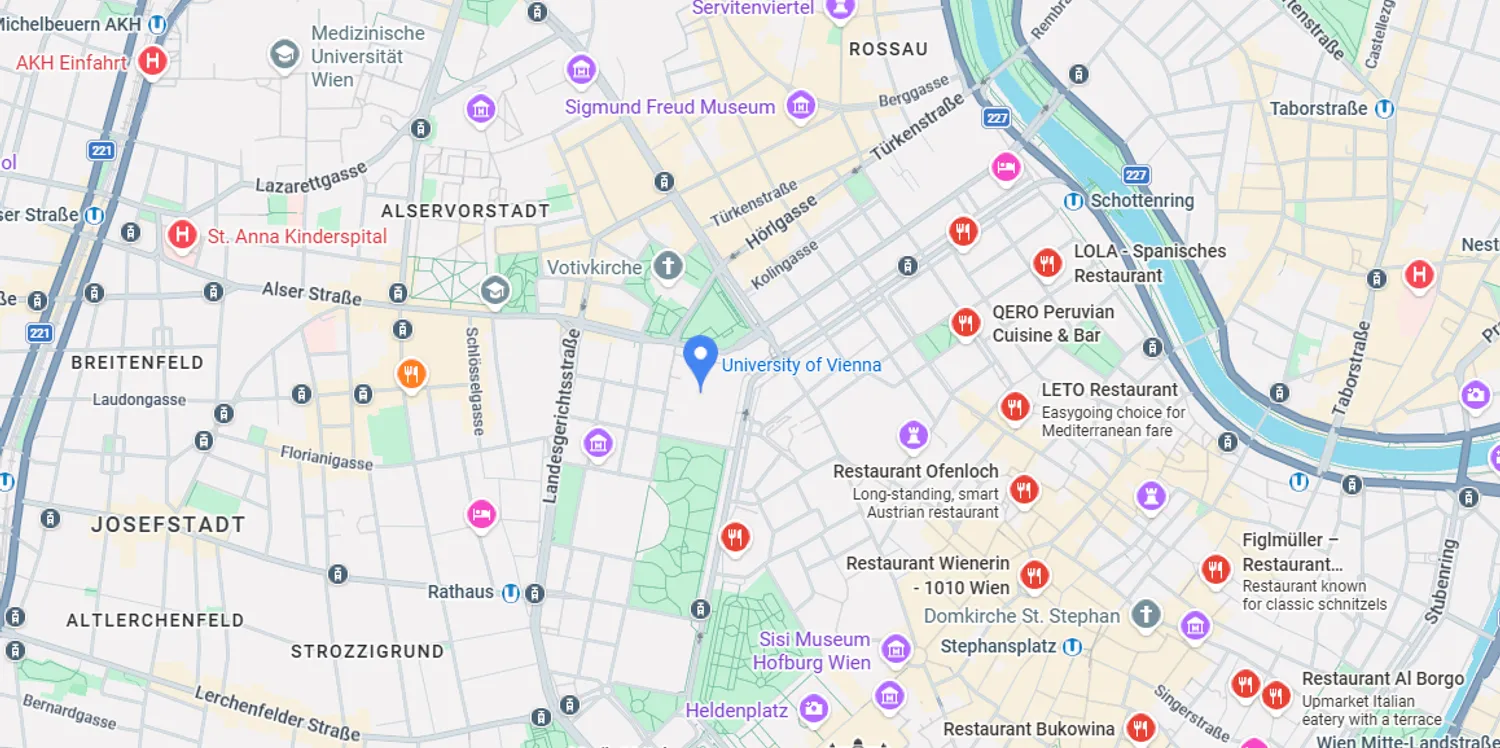 Map of University of Vienna and surrounding dining options.