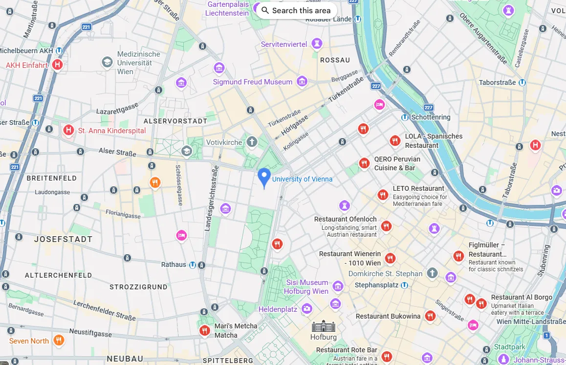 Map of University of Vienna and surrounding dining options.