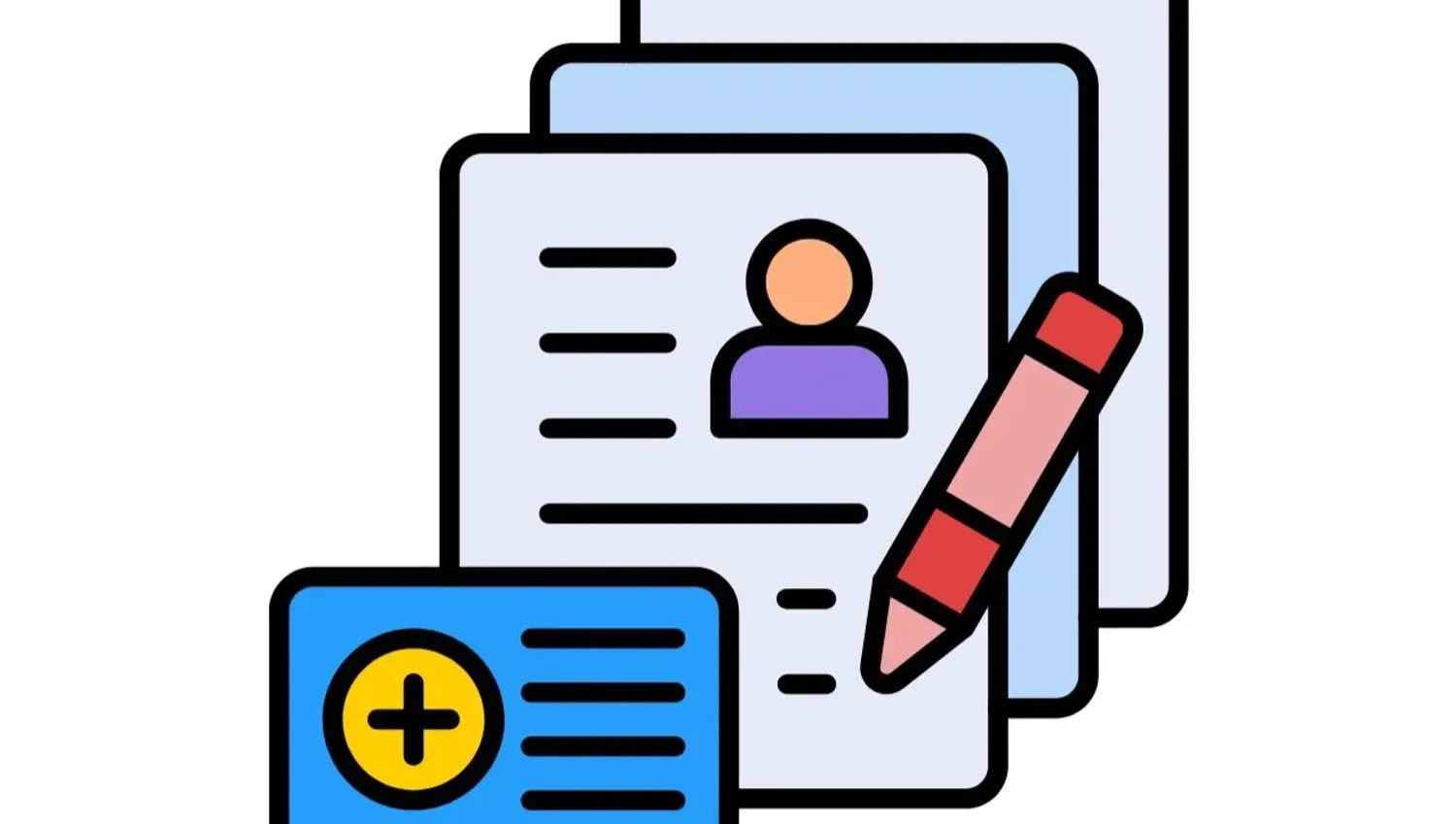 Graphic icon with multiple pages stacked on top of one another, there is a red pencil and addition sign in the foreground
