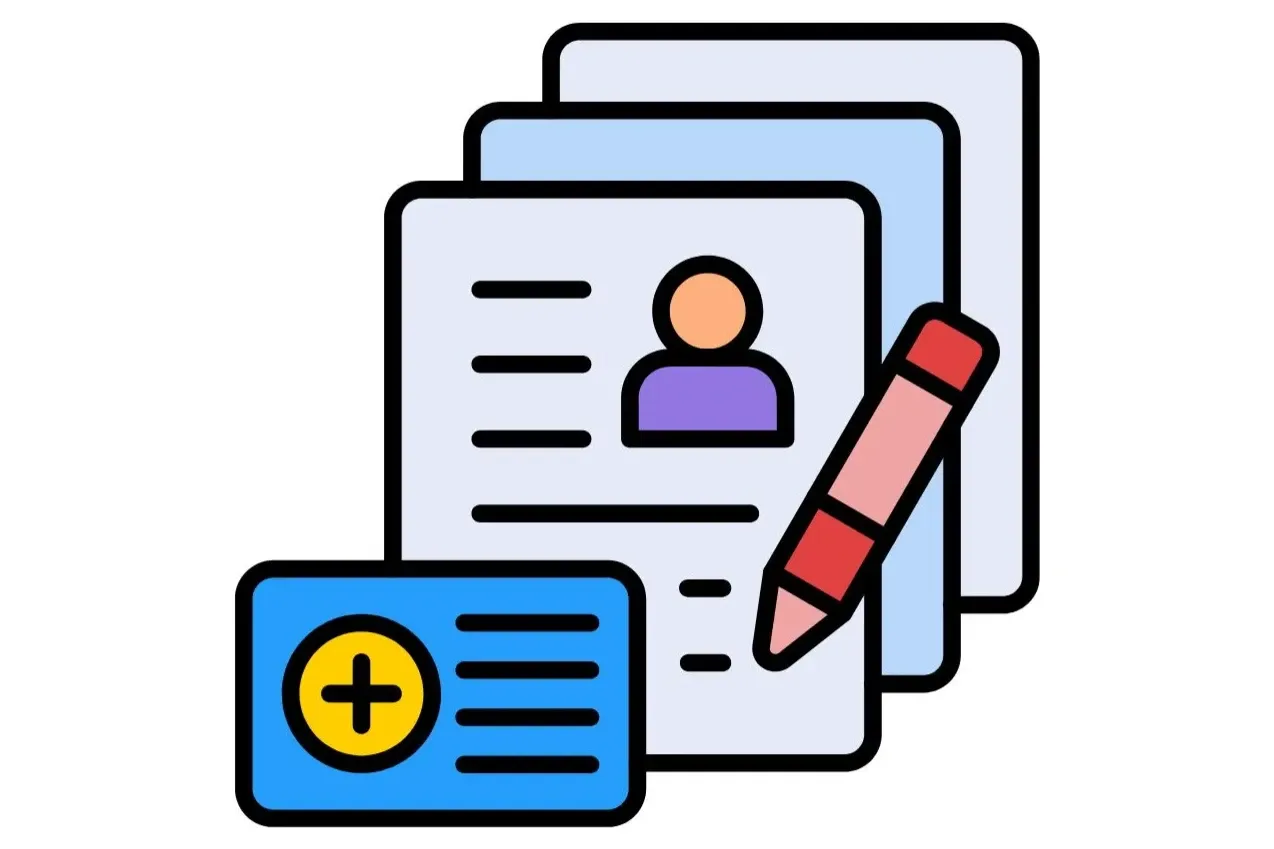 Graphic icon with multiple pages stacked on top of one another, there is a red pencil and addition sign in the foreground