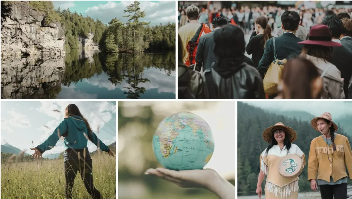Collage of images depicting nature, community, global connection, and Indigenous representation, including a forest lake, a crowd of people, a person standing in a field, a globe balanced on a hand, and two Indigenous women outdoors.