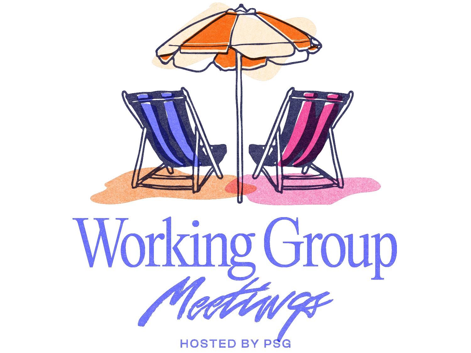 PSG Working Group Meetings logo, with an illustration of two beach chairs and an umbrella