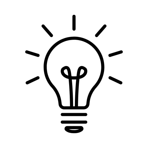 Icon of a lightbulb with rays, representing an idea or innovation.