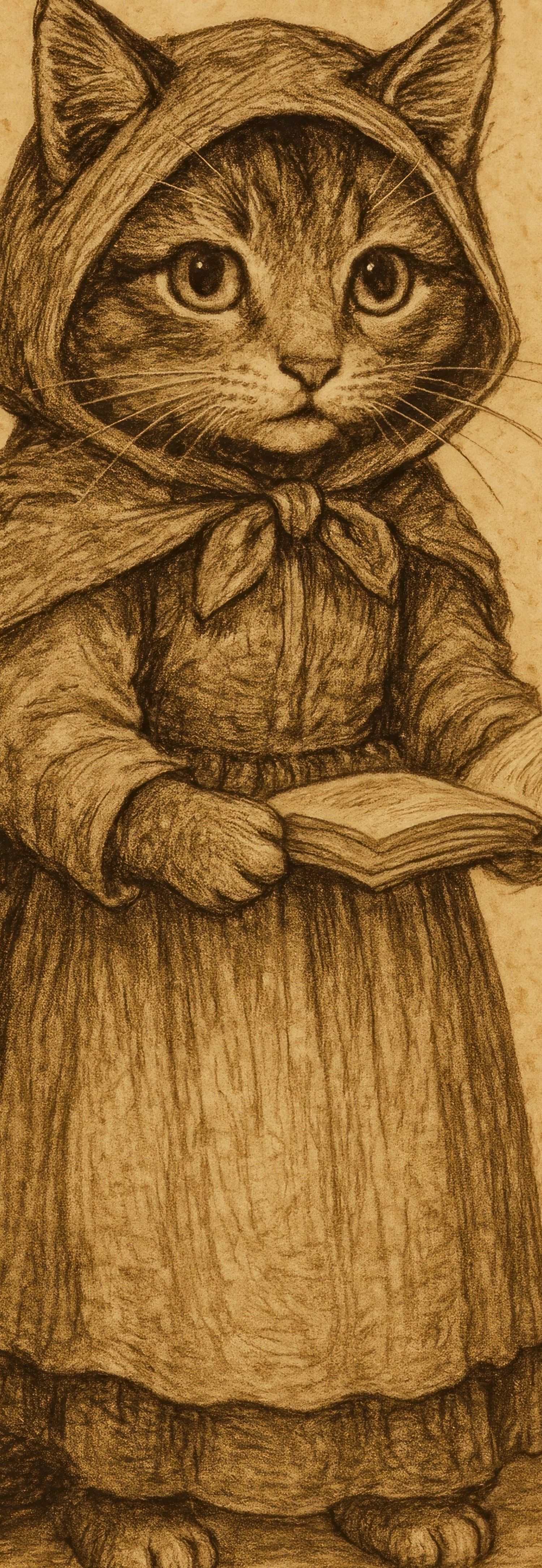A vintage-style drawing of a cat dressed in a hooded cape and apron, reminiscent of Little Red Ridinghood. The cat is holding an open book.