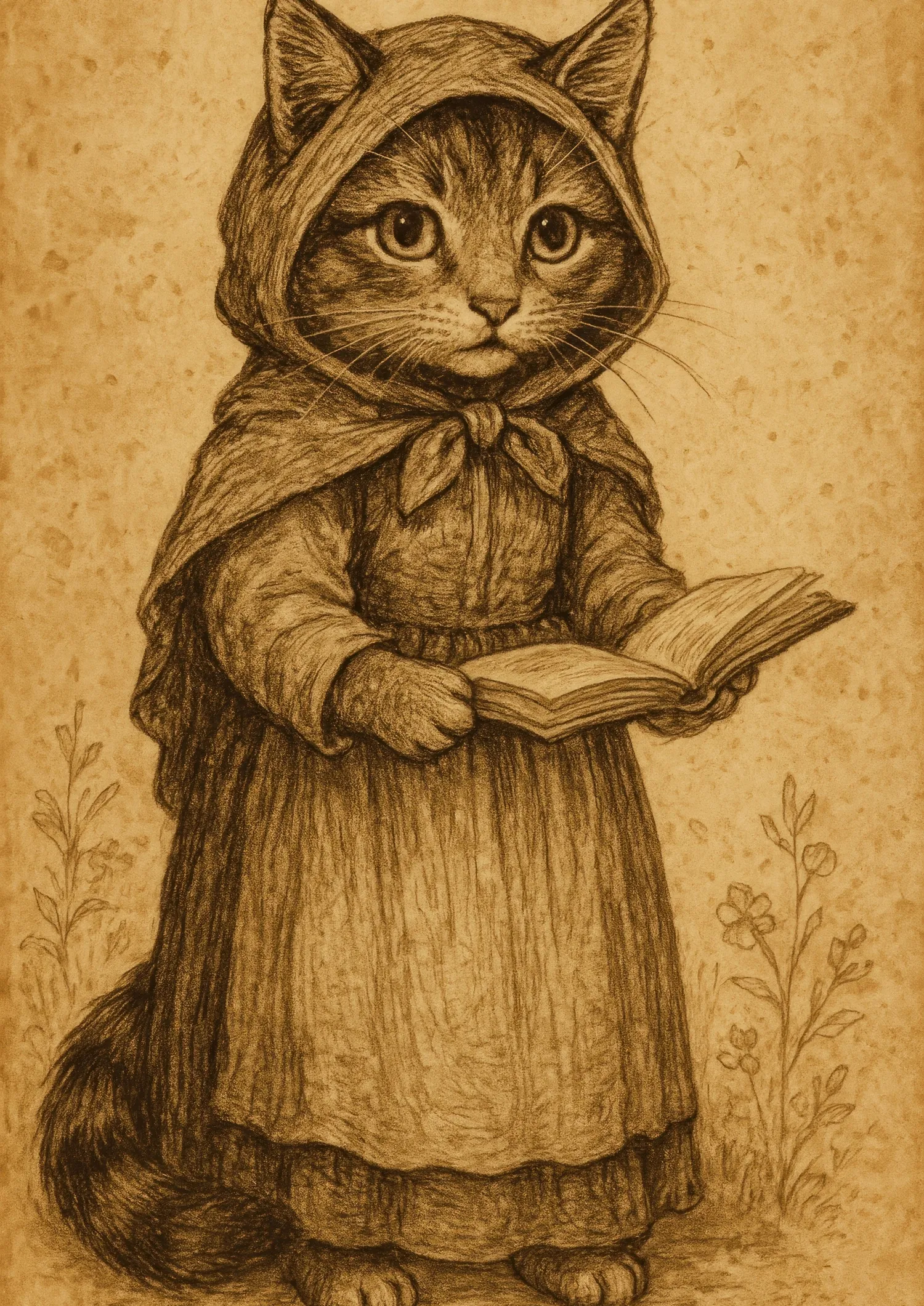 A vintage-style drawing of a cat dressed in a hooded cape and apron, reminiscent of Little Red Ridinghood. The cat is holding an open book.
