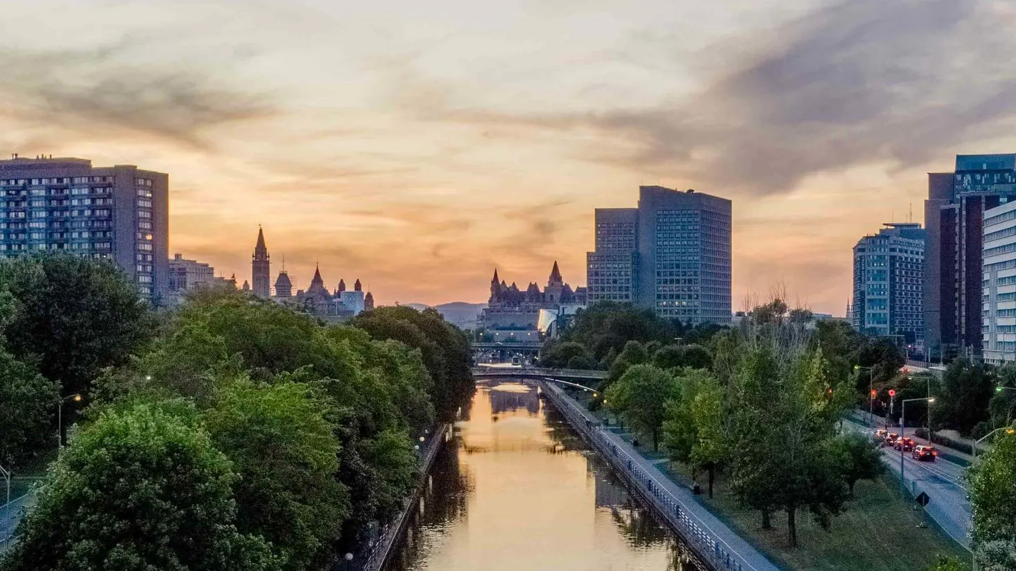 View of the Rideau Canal with the University of Ottawa on the right.