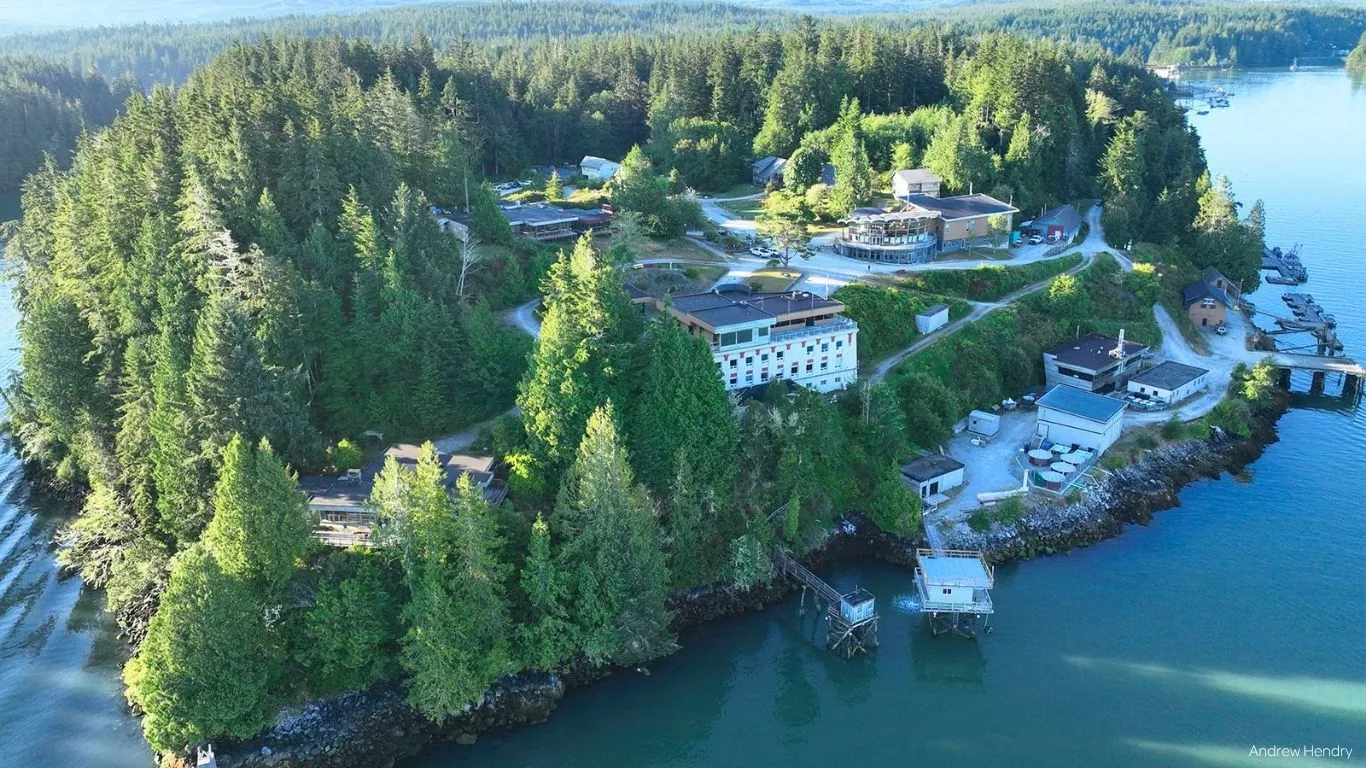 A drone shot of the many buildings that make up the Bamfield Marine Sciences Centre