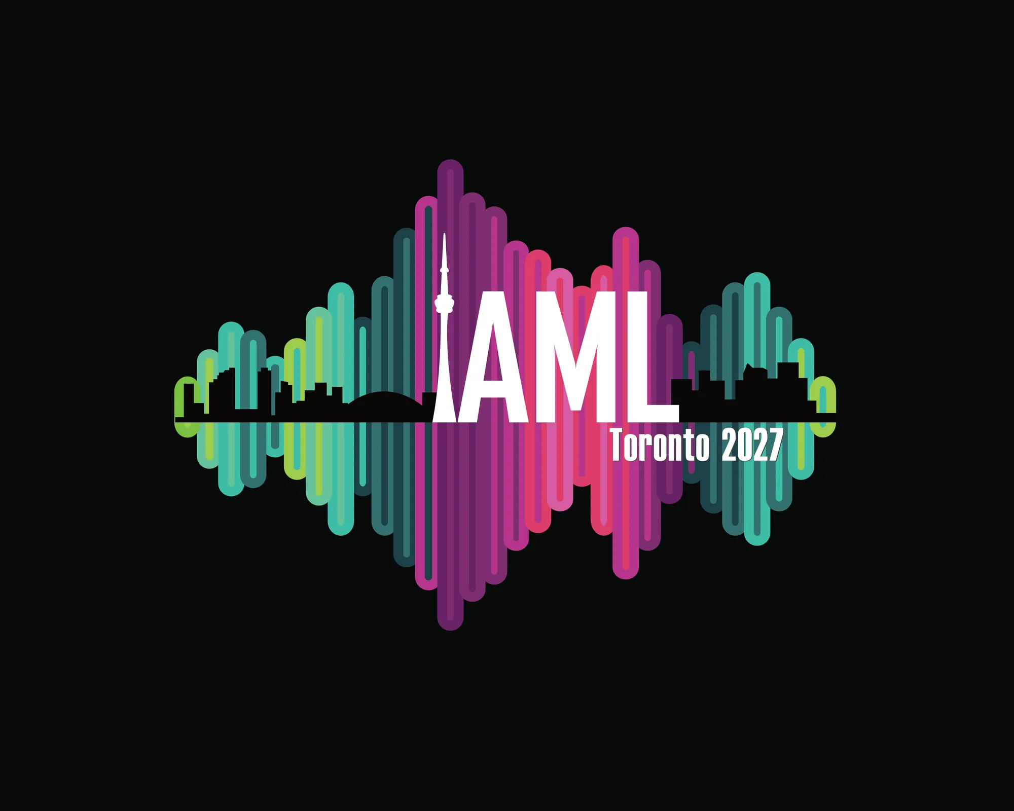 Conference logo with Toronto skyline and vertical coloured lines depicting soundwaves and the Northern lights
