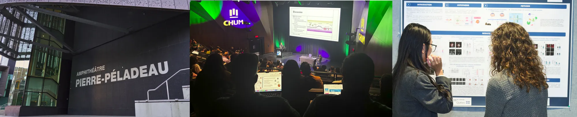 Montage of three images illustrating a scientific event: on the left, the entrance to the Pierre-Péladeau amphitheatre; in the center, a conference with an audience in a green and purple lit room and a presentation on screen; on the right, two people discussing a scientific poster during a poster session.