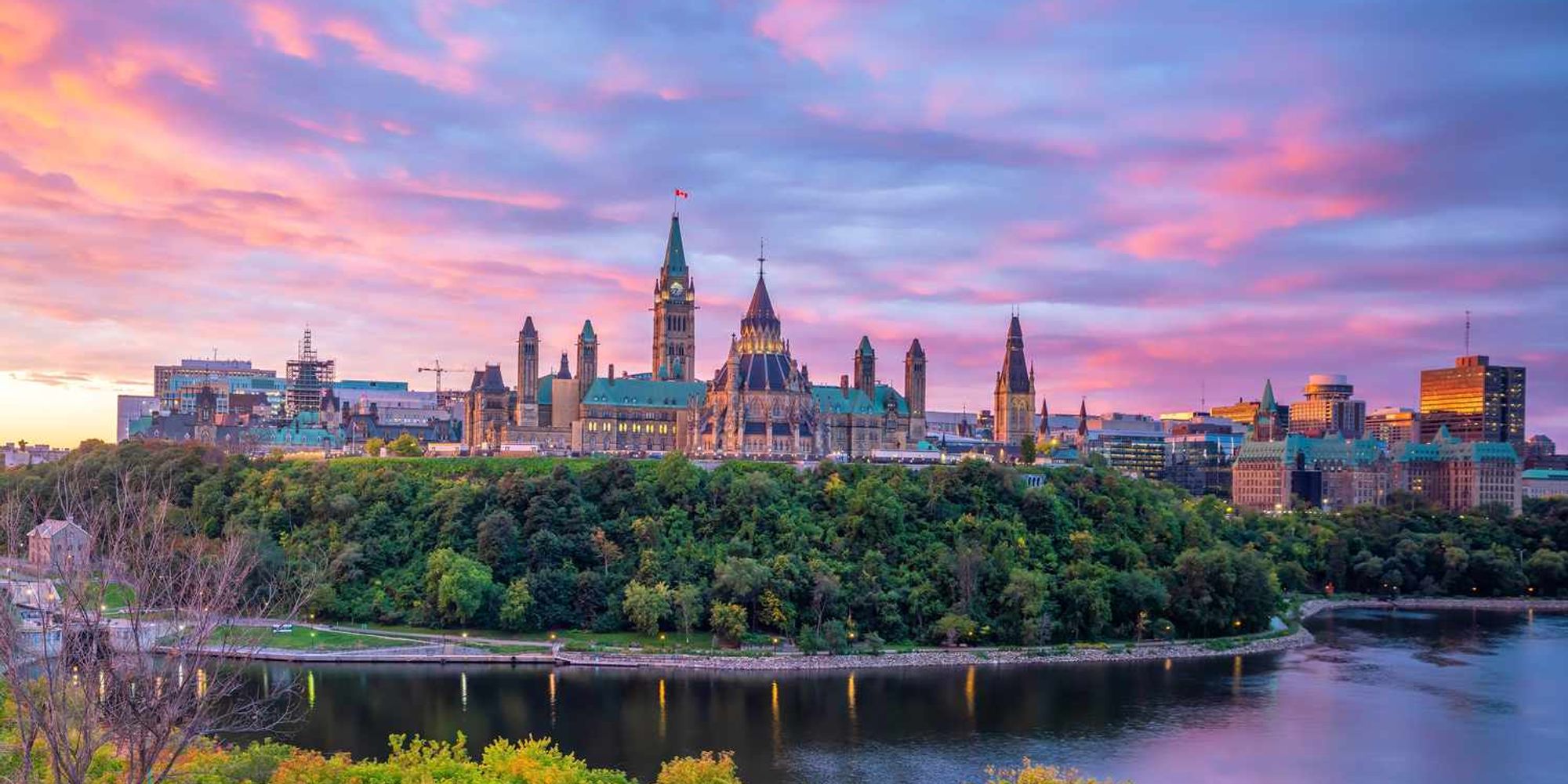 Parliament Hill in Ottawa at sunrise.