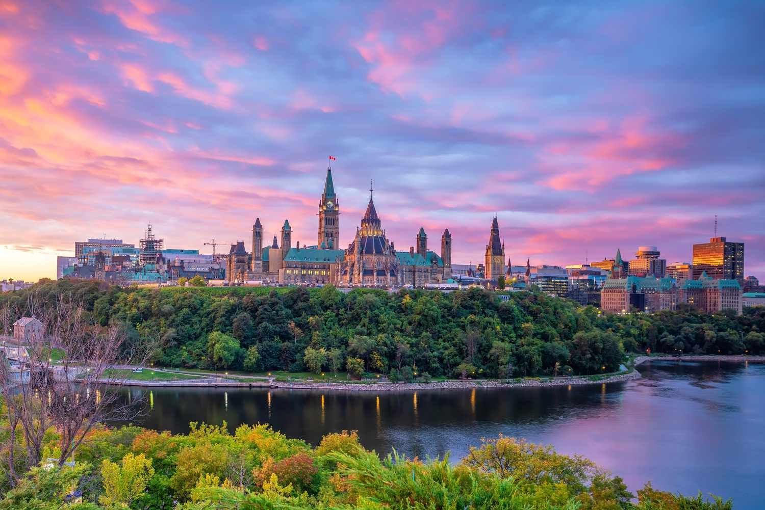 Parliament Hill in Ottawa at sunrise.